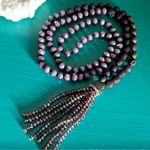 Women’s Long Lava and Faceted Aurora Beads And Encrusted Tassel 34” Necklace